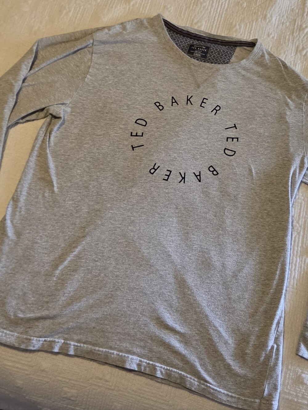 Ted Baker Light Grey Long Sleeve Logo Tee, Size Large